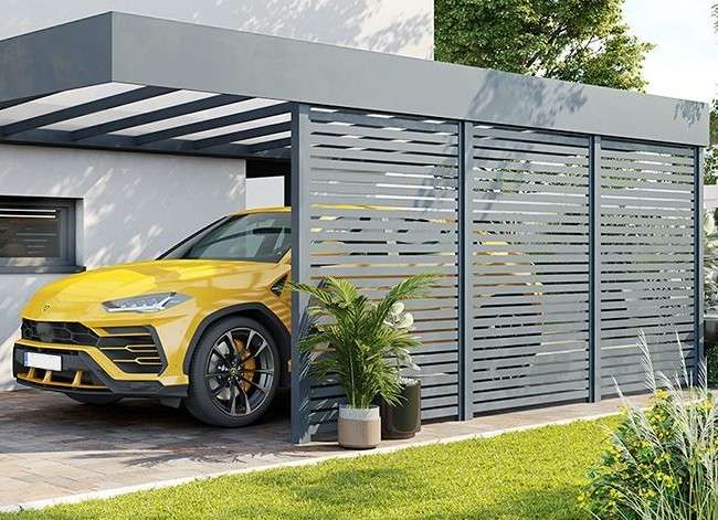 Carport Horizon®, design contemporain à chevrons fins, grande portée sans poteau central